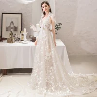 Chic / Belle Ivoire Plage Robe De Mariée 2019 Princesse V-Cou Noeud En Dentelle Fleur Sans Manches Dos Nu Tribunal Train