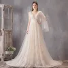 Chic / Beautiful Ivory Wedding Dresses 2019 A-Line / Princess V-Neck Lace Flower Sleeveless Backless Sweep Train