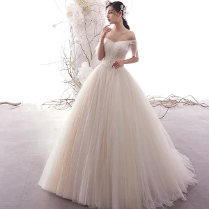 Chic Beautiful Champagne Wedding Dresses 2019 A Line Princess Off The Shoulder Beading Crystal Sequins Lace Short Sleeve Backless Court Train