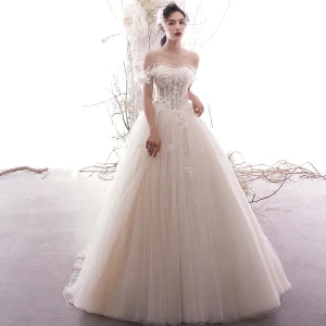 Chic Champagne Robe De Mariée 2019 Princesse De L 039 Épaule Paillettes En Dentelle Fleur Sans Manches Dos Nu Train De Balayage