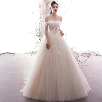 Chic Champagne Robe De Mariée 2019 Princesse De L 039 Épaule Paillettes En Dentelle Fleur Sans Manches Dos Nu Train De Balayage