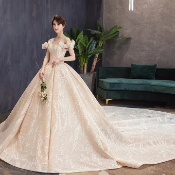 Luxury Gorgeous Champagne Wedding Dresses 2019 Ball Gown Scoop Neck Bow Lace Flower Short Sleeve Backless Royal Train