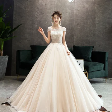 Chic Champagne Robe De Mariée 2019 Princesse Encolure Dégagée Perlage En Dentelle Fleur Paillettes Manches Courtes Dos Nu Train De Balayage