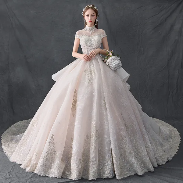 Luxury / Gorgeous Champagne Wedding Dresses 2019 Ball Gown High Neck Beading Pearl Sequins Crystal Lace Flower Cap Sleeves Backless Ruffle Cathedral Train