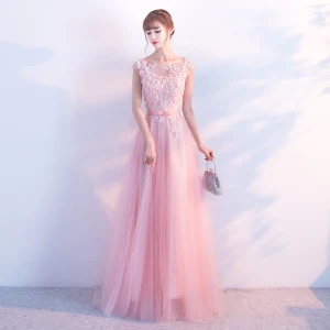 Élégant Rougissant Rose Robe De Soirée 2018 Princesse Paillettes Appliques Encolure Dégagée Dos Nu Sans Manches Longue Robe De Ceremonie