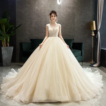 Elegant Champagne Wedding Dresses 2019 A Line Princess Scoop Neck Beading Sequins Sleeveless Backless Court Train