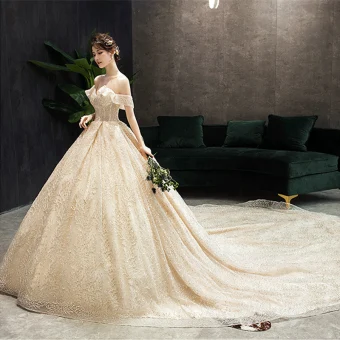 Luxe Champagne Robe De Mariée 2019 Princesse De L 039 Épaule Perlage En Dentelle Fleur Paillettes Manches Courtes Dos Nu