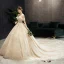 Luxury / Gorgeous Champagne Wedding Dresses 2019 A-Line / Princess Off-The-Shoulder Beading Lace Flower Sequins Short Sleeve Backless