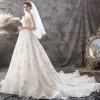 Chic / Beautiful Champagne Wedding Dresses 2019 A-Line / Princess Strapless Pearl Lace Flower Backless Bow Sleeveless Court Train