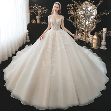 Classy Champagne Wedding Dresses 2021 Ball Gown High Neck Beading Pearl Sequins Lace Flower Appliques Short Sleeve Backless Royal Train Wedding