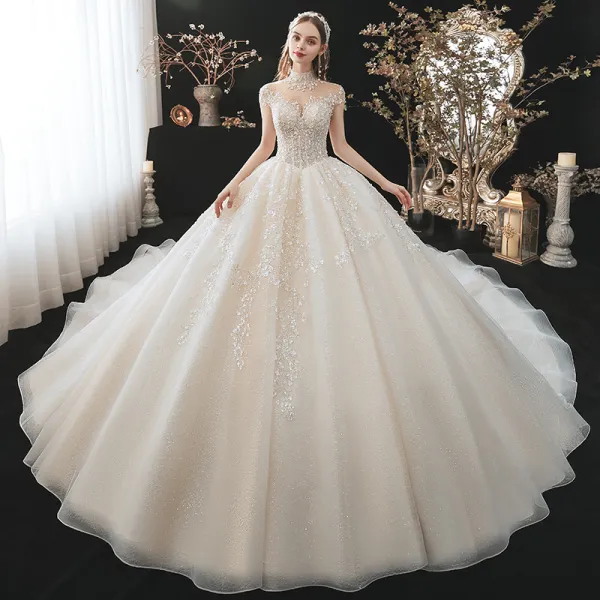 Classy Champagne Wedding Dresses 2021 Ball Gown High Neck Beading Pearl ...
