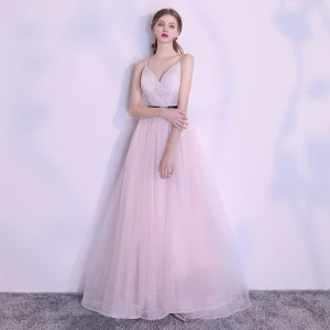 Élégant Rougissant Rose Robe De Soirée 2018 Princesse Tachetée Ceinture Bretelles Spaghetti Dos Nu Sans Manches Longue Robe De Ceremonie