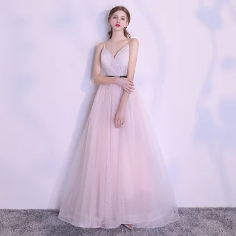 Élégant Rougissant Rose Robe De Soirée 2018 Princesse Tachetée Ceinture Bretelles Spaghetti Dos Nu Sans Manches Longue Robe De Ceremonie