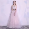 Elegant Blushing Pink Evening Dresses  2018 A-Line / Princess Spotted Sash Spaghetti Straps Backless Sleeveless Floor-Length / Long Formal Dresses