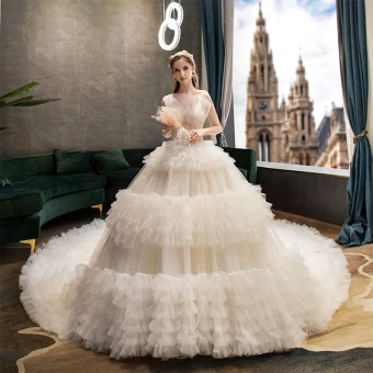 Fabulous Champagne Wedding Dresses 2019 Ball Gown Spaghetti Straps Ruffle Lace Flower Sequins Sleeveless Backless Royal Train