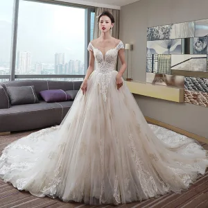Luxury Gorgeous Champagne Wedding Dresses 2019 A Line Princess V Neck Beading Sequins Lace Flower Short Sleeve Backless Cathedral Train