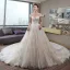 Luxury / Gorgeous Champagne Wedding Dresses 2019 A-Line / Princess V-Neck Beading Sequins Lace Flower Short Sleeve Backless Cathedral Train