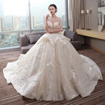 Luxury Gorgeous Champagne Wedding Dresses 2019 Ball Gown Scoop Neck Sequins Lace Flower Sleeveless Backless Cascading Ruffles Cathedral Train