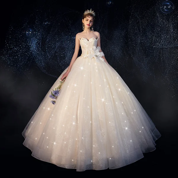 Chic / Belle Champagne Robe De Mariée 2019 Robe Boule Bustier Glitter Paillettes Appliques En Dentelle Fleur Sans Manches Dos Nu Longue