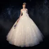Chic / Beautiful Champagne Wedding Dresses 2019 Ball Gown Strapless Glitter Sequins Appliques Lace Flower Sleeveless Backless Floor-Length / Long