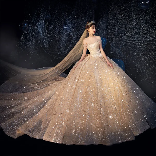 Luxury / Gorgeous Champagne Wedding Dresses 2019 Ball Gown Strapless Glitter Tulle Sequins Beading Sleeveless Backless Cathedral Train Luxury / Gorgeous Champagne Wedding Dresses 2019 Ball Gown Strapless Glitter Tulle Sequins Beading Sleeveless Backless Cathedral Train