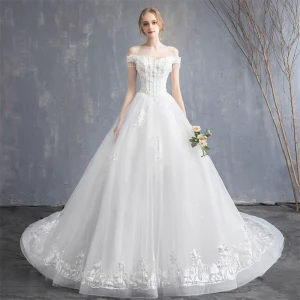 Affordable Ivory Wedding Dresses 2019 A Line Princess Off The Shoulder Beading Tassel Pearl Crystal Lace Flower Short Sleeve Backless Court Train