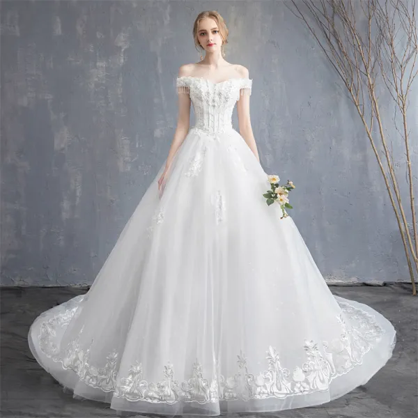 Affordable Ivory Wedding Dresses 2019 A-Line / Princess Off-The-Shoulder Beading Tassel Pearl Crystal Lace Flower Short Sleeve Backless Court Train