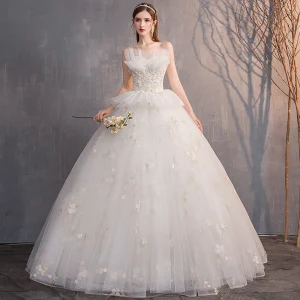 Affordable Ivory Wedding Dresses 2019 Ball Gown Strapless Beading Sequins Lace Flower Sleeveless Backless Floor Length Long