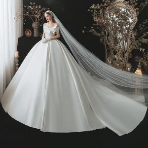 Modest Simple Elegant Ivory Satin Wedding Dresses 2021 Ball Gown Off The Shoulder Bow Short Sleeve Backless Royal Train Wedding