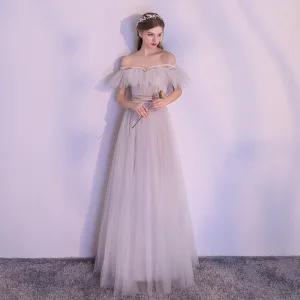 Modern Fashion Grey Evening Dresses 2018 A Line Princess Beading Off The Shoulder Backless Short Sleeve Floor Length Long Formal Dresses