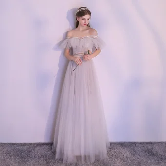 Moderne Mode Gris Robe De Soirée 2018 Princesse Perlage De L Épaule Dos Nu Manches Courtes Longue Robe De Ceremonie