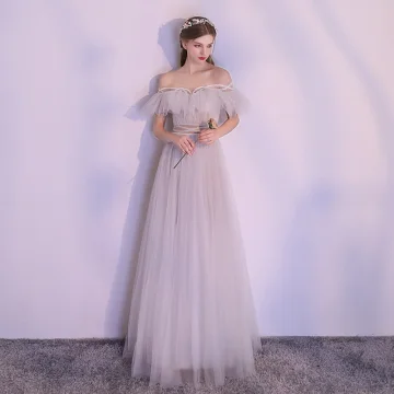 Modern Fashion Grey Evening Dresses 2018 A Line Princess Beading Off The Shoulder Backless Short Sleeve Floor Length Long Formal Dresses