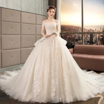 Elegancka Szampan Suknie Ślubne 2019 Princessa Przy Ramieniu Frezowanie Cekiny Aplikacje Z Koronki Kwiat Kótkie Rękawy Bez Pleców Trenem Królewski Ślub
