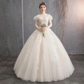 Lovely Champagne Wedding Dresses 2019 Ball Gown Scoop Neck Beading Lace Flower Short Sleeve Backless Floor Length Long