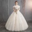 Lovely Champagne Wedding Dresses 2019 Ball Gown Scoop Neck Beading Lace Flower Short Sleeve Backless Floor-Length / Long