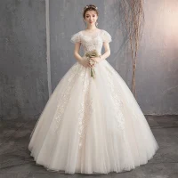 Encantador Champán Vestidos De Novia 2019 Ball Gown Scoop Escote Rebordear Con Encaje Flor Manga Corta Sin Espalda Largos