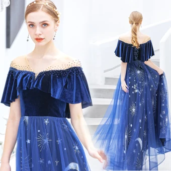 Chic Belle Bleu Roi Robe De Soirée 2019 Princesse Daim V Cou Étoile Paillettes Faux Diamant Manches Courtes Dos Nu Longueur Cheville Robe De Ceremonie