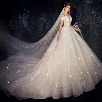 Classy Ivory Wedding Dresses 2019 A Line Princess Off The Shoulder Beading Pearl Star Lace Flower Sequins Short Sleeve Backless Cathedral Train