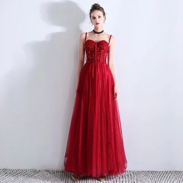 Chic / Beautiful Burgundy Evening Dresses  2019 A-Line / Princess Spaghetti Straps Beading Crystal Sequins Sleeveless Backless Floor-Length / Long Formal Dresses