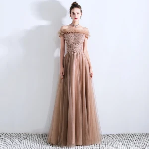 Chic Beautiful Brown Prom Dresses 2019 A Line Princess Ruffle Off The Shoulder Beading Lace Flower Sequins Sleeveless Backless Floor Length Long Formal Dresses