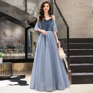 Eleganckie Błękitne Sukienki Na Bal 2019 Princessa Zamszowe Spaghetti Pasy Kótkie Rękawy Bez Pleców Długie Sukienki Wizytowe