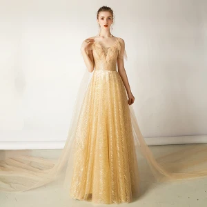 Charmant Doré Robe De Soirée 2019 Princesse V Cou Glitter Paillettes Sans Manches Dos Nu Longue Robe De Ceremonie