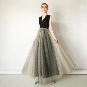 Chic Beautiful Black Evening Dresses 2019 A Line Princess V Neck Sash Sequins Sleeveless Floor Length Long Formal Dresses