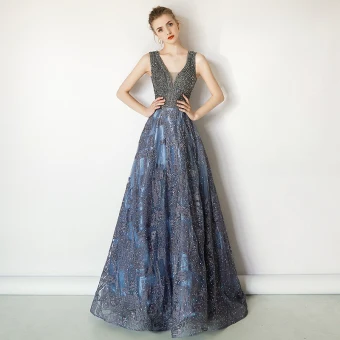 Luxe Océan Bleu Fait Main Perlage Robe De Soirée 2019 Princesse V Cou Cristal En Dentelle Fleur Sans Manches Dos Nu Train De Balayage Robe De Ceremonie