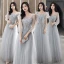 Modest / Simple Grey Bridesmaid Dresses 2021 A-Line / Princess Scoop Neck Beading Pearl Lace Flower Short Sleeve Backless Floor-Length / Long Wedding Party Dresses