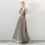 Modern / Fashion Champagne Black Evening Dresses  2018 A-Line / Princess Beading Sequins Lace Embroidered V-Neck Backless Short Sleeve Floor-Length / Long Formal Dresses