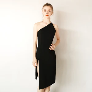 Modern Fashion Modest Simple Black Evening Dresses 2019 One Shoulder Sleeveless Backless Short Formal Dresses
