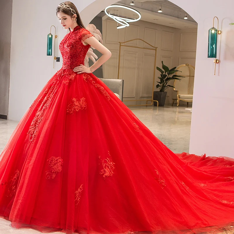 open lace back dress Red Bridal o Di with Tulle Cape