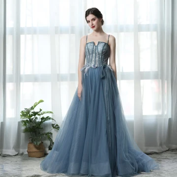 Chic Bleu Robe De Bal 2019 Princesse Bretelles Spaghetti Plumes En Dentelle Fleur Appliques Perle Sans Manches Dos Nu Train De Balayage Robe De Ceremonie