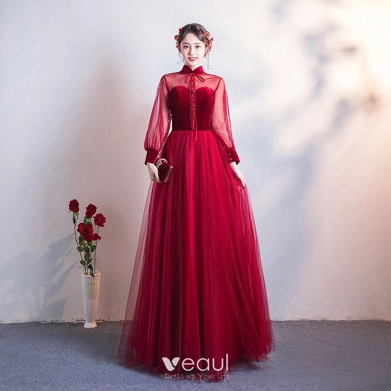 makeup to match burgundy dress Short Sleeves Burgundy Long Satin Prom Dresses, Wine Red Satin Long Fo main image 1